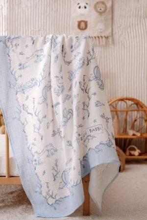 Atelıer Babbi Çift Katlı Müslin Battaniye Toile De Jouy Mavi - Thumbnail