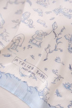 Atelıer Babbi Çift Katlı Müslin Battaniye Toile De Jouy Mavi - Thumbnail