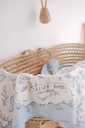 Atelıer Babbi Çift Katlı Müslin Battaniye Toile De Jouy Mavi - Thumbnail