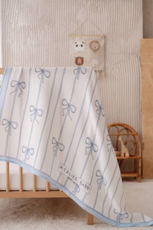 Atelıer Babbi Çift Katlı Müslin Bebek Örtüsü Mavi Kurdele - Thumbnail