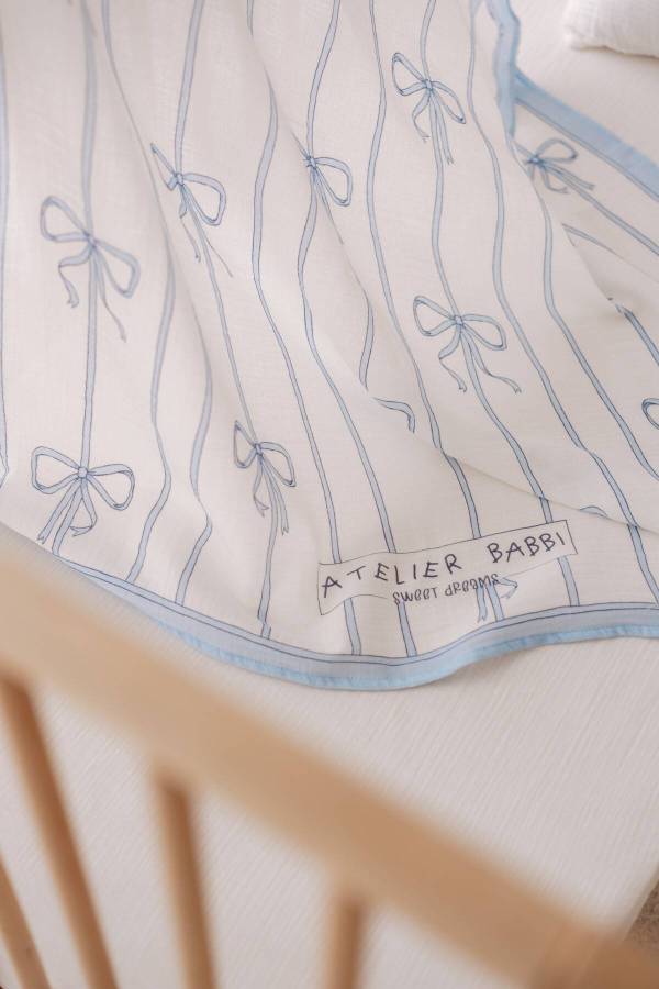 Atelıer Babbi Çift Katlı Müslin Bebek Örtüsü Mavi Kurdele