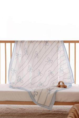 Atelıer Babbi Çift Katlı Müslin Bebek Örtüsü Mavi Kurdele - Thumbnail