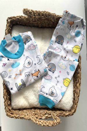 Gökyüzü ve Hayvanlar Temalı Bebek Pijama Takımı - Mavi - Thumbnail