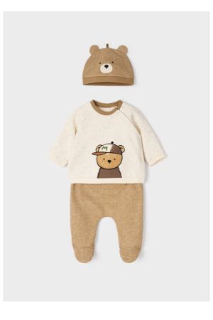 Mayoral Kışlık Erkek Bebek Patikli Pantolon S-shirt Bere Set Krem - Thumbnail