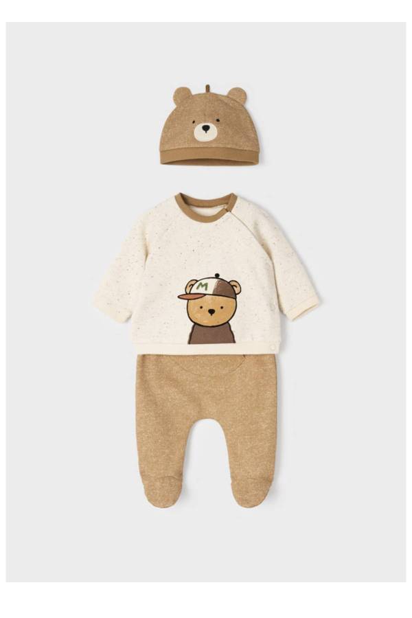 Mayoral Kışlık Erkek Bebek Patikli Pantolon S-shirt Bere Set Krem