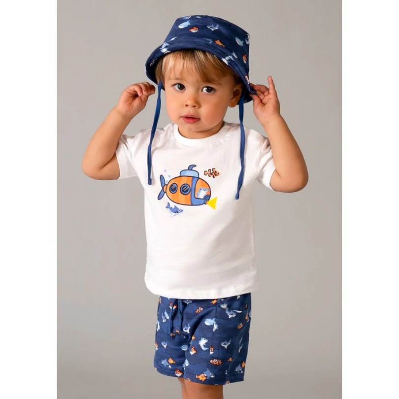 Mayoral Yazlık Erkek Bebek Kısa Kol T-shirt Şort Şapka 3'lü Set Lacivert