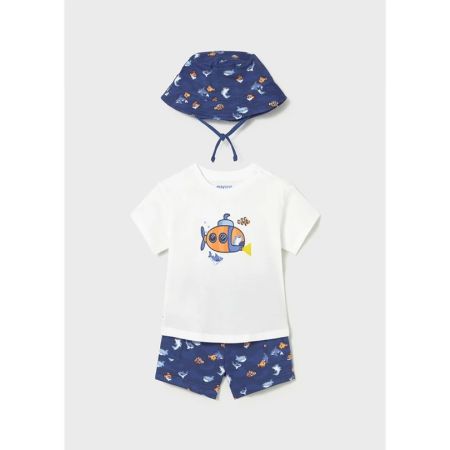 Mayoral Yazlık Erkek Bebek Kısa Kol T-shirt Şort Şapka 3'lü Set Lacivert - Thumbnail