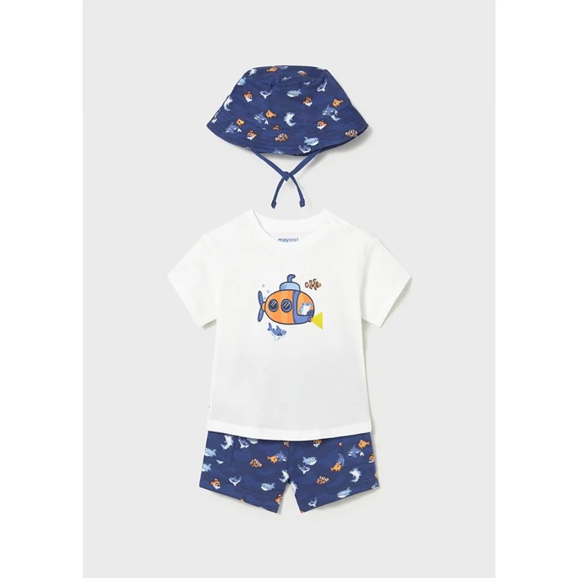 Mayoral Yazlık Erkek Bebek Kısa Kol T-shirt Şort Şapka 3'lü Set Lacivert