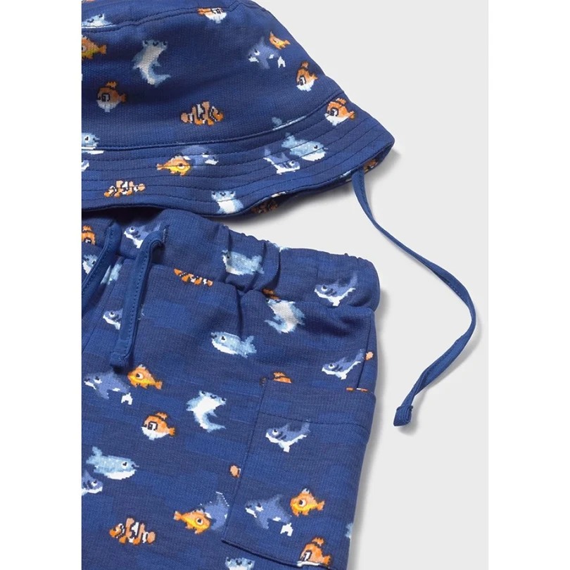 Mayoral Yazlık Erkek Bebek Kısa Kol T-shirt Şort Şapka 3'lü Set Lacivert