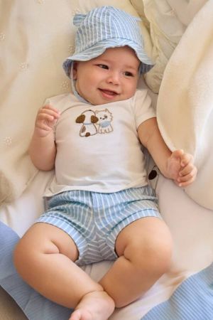 Mayoral - Mayoral Yazlık Erkek Bebek Kısa Kol T-shirt Şort Şapka 3'lü Set Mavi