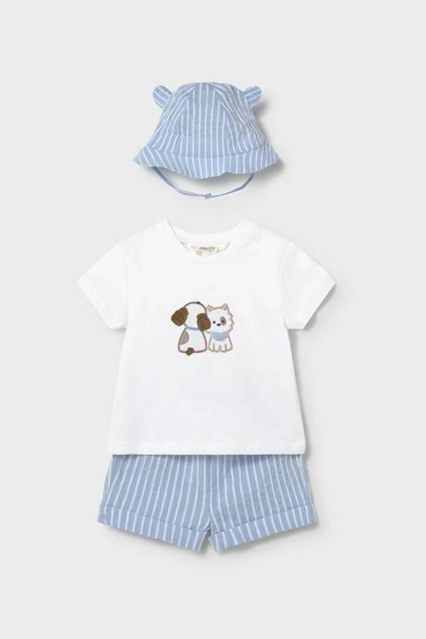 Mayoral Yazlık Erkek Bebek Kısa Kol T-shirt Şort Şapka 3'lü Set Mavi