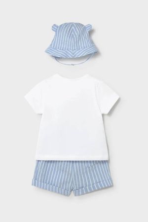 Mayoral Yazlık Erkek Bebek Kısa Kol T-shirt Şort Şapka 3'lü Set Mavi - Thumbnail