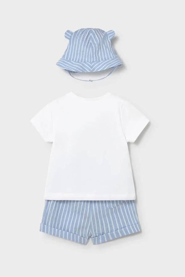 Mayoral Yazlık Erkek Bebek Kısa Kol T-shirt Şort Şapka 3'lü Set Mavi