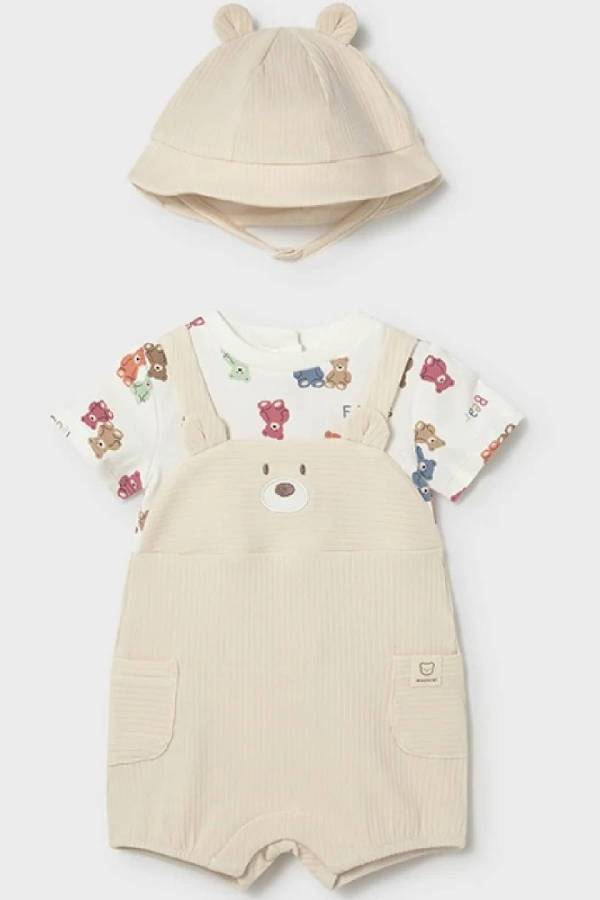 Mayoral Yazlık Erkek Bebek Kısa Tulum Şapka Set Bej