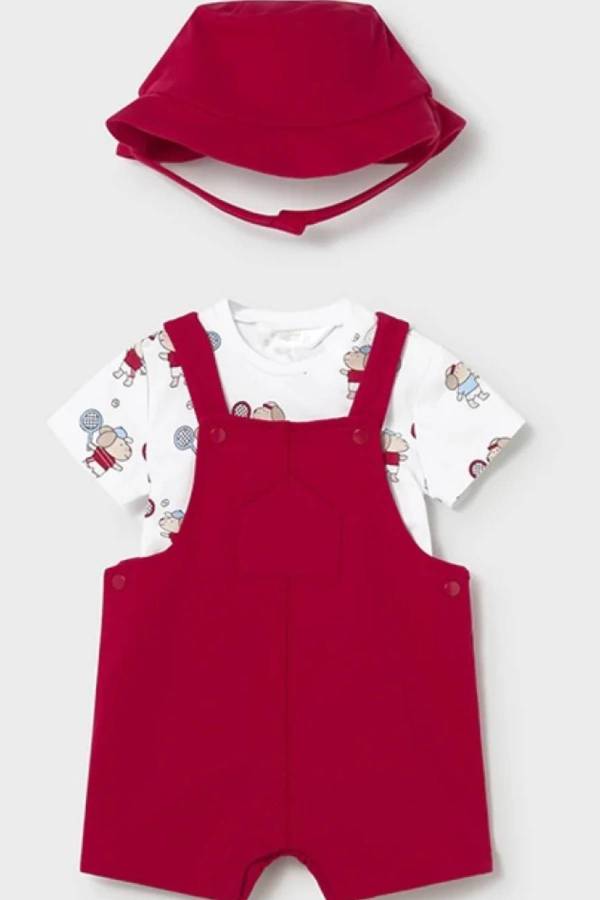 Mayoral Yazlık Erkek Bebek Kısa Tulum Şapka Üçlü Set Kırmızı