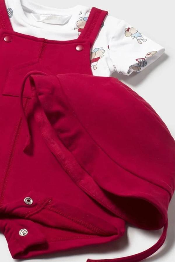 Mayoral Yazlık Erkek Bebek Kısa Tulum Şapka Üçlü Set Kırmızı