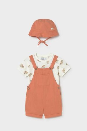 Mayoral Yazlık Erkek Bebek T-shirt Kısa Salopet Tulum Şapka 3'lü Set Turuncu - Thumbnail