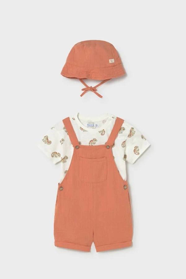 Mayoral Yazlık Erkek Bebek T-shirt Kısa Salopet Tulum Şapka 3'lü Set Turuncu