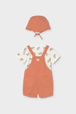 Mayoral Yazlık Erkek Bebek T-shirt Kısa Salopet Tulum Şapka 3'lü Set Turuncu - Thumbnail