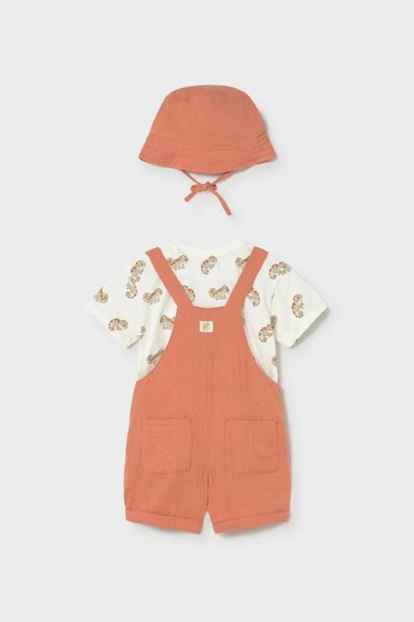 Mayoral Yazlık Erkek Bebek T-shirt Kısa Salopet Tulum Şapka 3'lü Set Turuncu