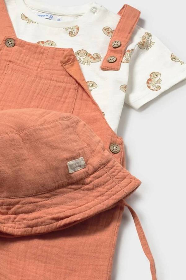 Mayoral Yazlık Erkek Bebek T-shirt Kısa Salopet Tulum Şapka 3'lü Set Turuncu