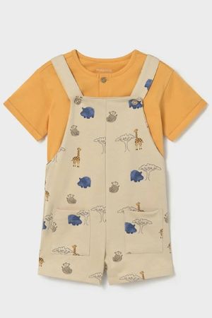 Mayoral - Mayoral Yazlık Erkek Bebek T-shirt Kısa Salopet Tulum Set Bej