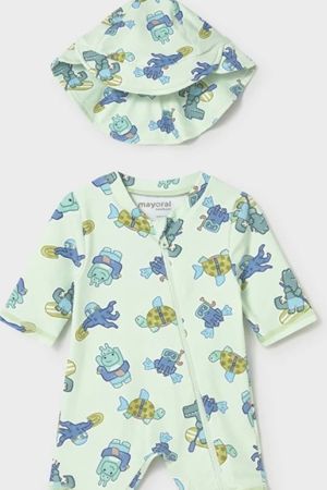 Mayoral - Mayoral Yazlık Erkek Bebek Tulum Mayo Şapka 2'li Set Yeşil