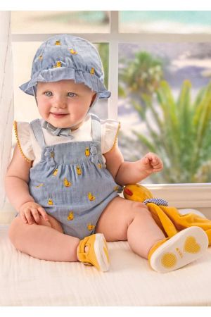 Mayoral Yazlık Kız Bebek Bluz Kısa Tulum Şapka Set Mavi - Thumbnail