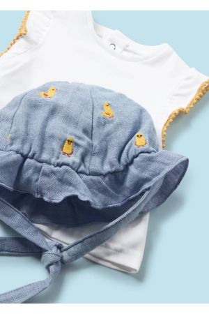 Mayoral Yazlık Kız Bebek Bluz Kısa Tulum Şapka Set Mavi - Thumbnail