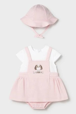 Mayoral - Mayoral Yazlık Kız Bebek Etek Salopet Şapka Set Pembe