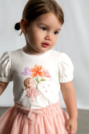 Mayoral - Mayoral Yazlık Kız Bebek Kısa Kol T-shirt Ekru