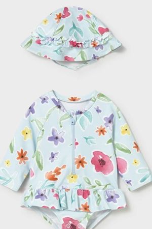 Mayoral - Mayoral Yazlık Kız Bebek Tulum Mayo Şapka 2'li Set Mavi