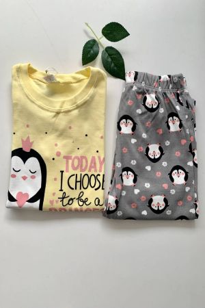Prenses Penguen Desenli Çocuk Pijama Takımı - Thumbnail