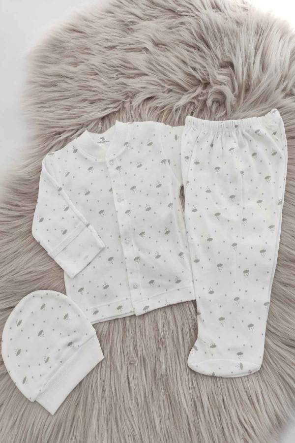 Bulut Desenli Önden Çıtçıtlı Bebek Pijama Takımı Beyaz